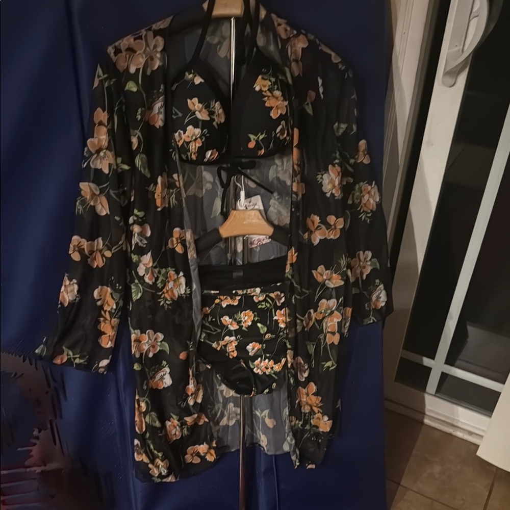 Floral Black Bikini Set with Cover-Up